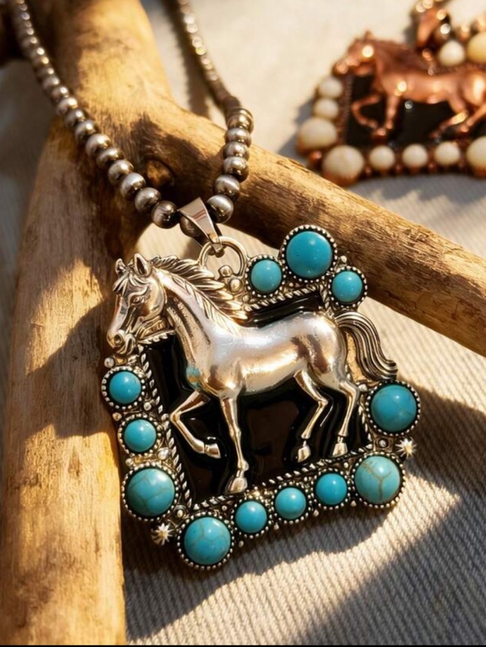 Faux Turquoise Accented Silver Horse‎ Pendant Necklace